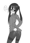  :p ass black_legwear blush gaien greyscale highres kamio_yume monochrome no_pants original panties panties_under_pantyhose pantyhose solo sweater thighband_pantyhose tongue tongue_out twintails underwear 