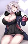  ahoge black_dress black_panties blue_coat breasts chocolate cleavage coat commentary_request dress eyebrows_visible_through_hair fate/grand_order fate_(series) fur-trimmed_coat fur-trimmed_sleeves fur_collar fur_trim heart highres huge_breasts jacket jeanne_d&#039;arc_(alter)_(fate) jeanne_d&#039;arc_(fate)_(all) jet_(pw3234) jewelry large_breasts necklace open_clothes open_coat open_jacket open_mouth panties pantyshot pantyshot_(sitting) short_dress short_hair sitting underwear valentine wicked_dragon_witch_ver._shinjuku_1999 yellow_eyes 