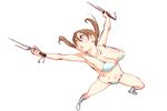  bikini boots breasts brown_hair cleavage copyright_request glasses large_breasts oono_tsutomu outstretched_arms red_eyes solo swimsuit twintails weapon 