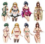  bad_id bad_pixiv_id blonde_hair blue_hair breasts brown_hair cleavage egyptian green_eyes highres japanese_clothes kimono large_breasts lingerie long_hair maebari medium_breasts midriff multiple_girls navel original panties q_azieru short_hair thighhighs twintails underwear underwear_only 