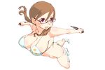  bikini boots breasts brown_hair copyright_request glasses knife kunai large_breasts oono_tsutomu red_eyes solo swimsuit twintails weapon 