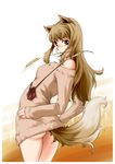  animal_ears bad_id bad_pixiv_id bottomless brown_hair highres holo long_hair mouth_hold naked_sweater no_panties off_shoulder pouch red_eyes saitou_sakae solo spice_and_wolf sweater tail wheat wolf_ears wolf_tail 