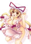  apron bad_id bad_pixiv_id blonde_hair blush bow breasts embarrassed hair_bow hat large_breasts leg_up long_hair naked_apron open_mouth polka_dot quad_tails shadow solo standing strap_slip touhou uni_keitai very_long_hair yakumo_yukari yellow_eyes 