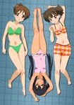  arms_up bad_anatomy bad_feet bad_hands bikini black_hair brown_eyes brown_hair cameltoe dark_skin frills from_above highres hirasawa_ui k-on! legs long_hair lying multiple_girls nakano_azusa one-piece_swimsuit plaid ponytail rm_(rm32) short_hair shorts suzuki_jun swimsuit tan twintails 