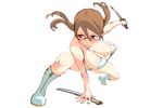  bikini boots breasts brown_hair copyright_request glasses katana large_breasts oono_tsutomu red_eyes solo swimsuit sword twintails weapon 