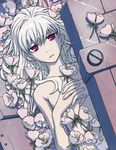  absurdres covering covering_breasts darker_than_black flat_chest flower hands highres iwahara_yuuji long_hair lying nude nude_cover on_back pale_skin purple_eyes solo white_hair yin 