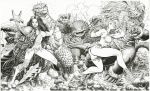  2girls arthur_adams ass bikini breasts bug cleavage crossover drill feathers fighting fin gabara geronimon giant_monster giantess godzilla_(series) horn insect kaijuu megalon monochrome monster multiple_girls muscle swimsuit tail ultra_series underboob 