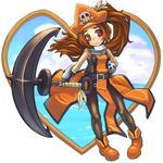  anchor bad_id bad_pixiv_id bare_shoulders belt beni_no_iruka boots brown_hair fingerless_gloves gloves guilty_gear hat heart may_(guilty_gear) orange_hat orange_shirt pantyhose pirate_hat red_eyes shirt solo 