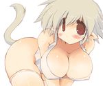  ass bent_over blush bottomless breasts cleavage copyright_request hanging_breasts large_breasts pointy_ears sakaki_(noi-gren) short_hair solo sweat tail thighhighs 