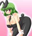  akasode_(tyaramu) animal_ears bare_shoulders bent_over between_breasts black_neckwear blush breasts bunny_ears bunny_girl bunny_tail bunnysuit cleavage clothes_between_breasts green_hair hanging_breasts heart huge_breasts kazami_yuuka necktie pantyhose red_eyes solo tail touhou wrist_cuffs 