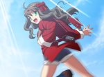  ahoge arima_miyako backpack bag game_cg green_eyes grey_hair hair_ribbon light_rays long_hair melty_blood motion_blur official_art ribbon solo sunlight takeuchi_takashi tsukihime type-moon 