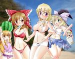  alice_margatroid bikini blonde_hair breasts brown_eyes brown_hair green_eyes hakurei_reimu ibuki_suika kirisame_marisa large_breasts matching_shanghai multiple_girls purple_eyes sesield shanghai_doll swimsuit touhou 