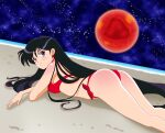  1girl absurdres ass bikini bishoujo_senshi_sailor_moon black_hair blue_eyes closed_mouth earrings highres jewelry long_hair lying madefanart mars_(planet) red_bikini sailor_mars sand smile solo star_(symbol) star_earrings swimsuit 