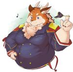  anthro blue_eyes brown_body brown_fur clothing deer fluffy_chest fur hat headgear headwear hi_res horn kazusa male mammal military_uniform moobs overweight simple_background snco333 solo tamacolle twirling_crown uniform whistling white_background 