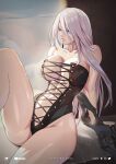  1girl abs android artist_name bare_shoulders black_corset blue_eyes breasts collarbone corset hair_between_eyes highres knee_up laditos_baldosa large_breasts leaning_back long_hair looking_to_the_side nier_(series) nier_automata revealing_clothes robot science_fiction sitting solo thighs white_hair yorha_type_a_no._2 