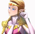  1girl armor arms_up blonde_hair blue_eyes dress earrings gloves highres jewelry jimaku long_hair looking_away no_bangs open_mouth pink_dress pointy_ears princess_zelda sleeveless solo the_legend_of_zelda the_legend_of_zelda:_ocarina_of_time tiara triforce_earrings white_background 