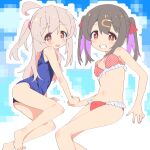 2girls :d ahoge bangs bare_arms bare_legs bare_shoulders barefoot bikini black_hair blue_one-piece_swimsuit breasts brown_eyes commentary frilled_bikini frills grin hair_between_eyes hair_ribbon hairband halftone_texture highres holding_hands legs light_blush long_hair looking_at_viewer medium_breasts multicolored_hair multiple_girls navel one-piece_swimsuit one_side_up onii-chan_wa_oshimai! open_mouth outline oyama_mahiro oyama_mihari pink_bikini pixelated polka_dot polka_dot_swimsuit purple_hair red_ribbon ribbon school_swimsuit siblings sisters smile sweatdrop swimsuit take_shinobu twintails two-tone_hair unmoving_pattern white_outline 