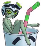  2023 alien alpha_channel anthro armor ben_10 beverage blush cartoon_network container cup drinking_straw female flat_chested galvan_(ben_10) green_sclera headgear headgear_only helmet helmet_only looking_at_viewer luhley_(ben_10) mostly_nude nipples simple_background smile smoothie solo spacechoochoo teeth transparent_background 