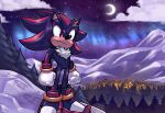  absurdres aurora cityscape cloud cloudy_sky crescent_moon gloves highres lemon_eyebrows moon mountain mountainous_horizon night night_sky outdoors pine_tree red_eyes shadow_the_hedgehog shoes sky snow sonic_(series) star_(sky) starry_sky tree watermark white_gloves 