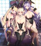  3girls alternate_costume animal_ears armchair bent_over black_leotard black_thighhighs blonde_hair bow bowtie breasts brooch camilla_(fire_emblem) chair corrin_(female)_(fire_emblem) corrin_(fire_emblem) detached_collar drill_hair elise_(fire_emblem) fake_animal_ears fake_tail fire_emblem fire_emblem_fates fishnet_thighhighs fishnets grey_hair hair_over_one_eye high_heels highres jewelry kashiwamochi_yomogi large_breasts leotard multiple_girls playboy_bunny pointy_ears purple_hair rabbit_ears rabbit_tail sitting smile strapless strapless_leotard tail thighhighs throne tiara twin_drills twintails wrist_cuffs 