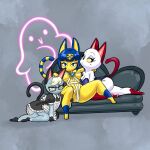  2022 animal_crossing ankha_(animal_crossing) anthro beauty_mark bisexual breasts clothing eyewear felid feline female female/female furniture genitals girly glasses group hi_res maid_uniform male male/female mammal nintendo phantomdame pussy raymond_(animal_crossing) sitting sofa trio uniform 