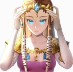  1girl armor arms_up blue_eyes brown_hair dress earrings gloves highres jewelry jimaku long_hair looking_at_viewer necklace pointy_ears princess_zelda purple_dress sleeveless solo the_legend_of_zelda the_legend_of_zelda:_twilight_princess tiara white_background white_gloves 