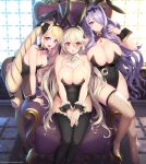  3girls alternate_costume animal_ears armchair bent_over black_leotard black_thighhighs blonde_hair bow bowtie breasts brooch camilla_(fire_emblem) chair corrin_(female)_(fire_emblem) corrin_(fire_emblem) detached_collar drill_hair elise_(fire_emblem) fake_animal_ears fake_tail fire_emblem fire_emblem_fates fishnet_thighhighs fishnets grey_hair hair_over_one_eye high_heels highres jewelry kashiwamochi_yomogi large_breasts leotard multiple_girls pantyhose playboy_bunny pointy_ears purple_hair rabbit_ears rabbit_tail sitting smile strapless strapless_leotard tail thighhighs throne tiara twin_drills twintails wrist_cuffs 