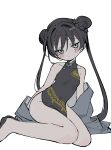  1girl black_dress black_hair blue_archive blush_stickers china_dress chinese_clothes double_bun dress grey_eyes grey_jacket hair_bun highres jacket jacket_removed kisaki_(blue_archive) kokaki_mumose long_hair looking_at_viewer sitting solo twintails 