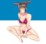  1girl barefoot bikini black_hair blue_background breasts cleavage commentary_request evil_smile eye_(mememem) front-tie_bikini_top front-tie_top full_body grin hair_horns han_juri hands_on_feet highres indian_style large_breasts looking_at_viewer navel pink_bikini pink_eyes purple_bikini romaji_commentary sitting smile solo street_fighter street_fighter_iv_(series) street_fighter_v striped striped_bikini swimsuit teeth two-tone_background white_background 