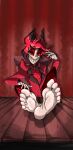  alastor_(hazbin_hotel) anthro barefoot claws clothing feet feet_on_table foot_fetish foot_focus furniture hair hazbin_hotel hi_res jacket male maryxlake red_ears red_eyes red_hair red_nail_polish red_toenails scapulari soles solo table toe_claws toes topwear 