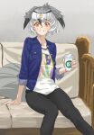  1girl absurdres bangs black_pants blue_jacket breast_pocket commentary couch cup disposable_cup feet_out_of_frame greater_rhea_(kemono_friends) grey_hair hair_between_eyes head_wings highres holding holding_cup jacket japari_symbol kemono_friends long_sleeves looking_at_viewer multicolored_hair open_clothes open_jacket orange_eyes pants parted_lips pocket sitting smile solo tail tanabe_(fueisei) white_hair 