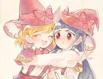  2girls 3: ^_^ ^o^ asahina_mirai bangs blonde_hair blue_hair blunt_bangs blush bow bowtie capelet clenched_hand closed_eyes closed_mouth dark_blue_hair dot_nose facing_another flustered hair_behind_ear hand_up happy hat hat_bow high-waist_skirt hug itomugi-kun izayoi_liko long_hair long_sleeves looking_ahead magic_school_uniform mahou_girls_precure! multiple_girls non-web_source open_mouth outstretched_arm plaid plaid_bow precure puffy_long_sleeves puffy_sleeves red_bow red_bowtie red_capelet red_eyes red_headwear red_skirt school_uniform sepia_background short_hair skirt smile straight_hair suspenders sweat swept_bangs upper_body v-shaped_eyebrows wavy_mouth witch_hat 