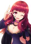  1girl ;d black_cape breasts cape cleavage commentary covered_navel facial_mark fire_emblem fire_emblem_engage hand_up highres large_breasts long_hair looking_at_viewer minamonochaba one_eye_closed open_mouth purple_shirt red_eyes red_hair shirt smile solo star_(symbol) upper_body yunaka_(fire_emblem) 