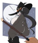  absurd_res anthro areola bear big_breasts big_butt black_areola black_body black_fur black_hair boots breasts broom butt cleaning_tool clothing female footwear full_moon fur giant_panda hair hat headgear headwear hi_res huge_breasts looking_at_viewer looking_back looking_back_at_viewer mammal moon mostly_nude night nonarycubed ponytail rear_view solo witch_costume witch_hat 