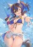  1girl ;d animal_ears bead_bracelet beads bikini blue_bikini blue_hair blue_nails blue_sky bracelet breasts brown_eyes brown_hair cloud commentary_request daitaku_helios_(umamusume) day ear_covers fingernails hair_between_eyes hair_ornament hairclip highres holding holding_water_gun horse_ears horse_girl horse_tail jewelry kita_(kitairoha) looking_at_viewer medium_breasts medium_hair multicolored_hair nail_polish navel necklace one_eye_closed outdoors sky smile solo star_(symbol) star_hair_ornament swimsuit tail thighs two-tone_bikini two-tone_hair umamusume water water_gun wet white_bikini 