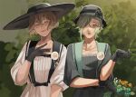  2girls alternate_costume bangs black_dress black_flower black_gloves black_headwear blonde_hair bucket_hat bush closed_mouth commentary_request dated_commentary dress flower genderswap genderswap_(mtf) gloves green_hair hair_between_eyes hair_over_one_eye hat hat_flower higekiri_(touken_ranbu) hizamaru_(touken_ranbu) holding holding_flower looking_at_viewer multiple_girls short_hair signature smile touken_ranbu upper_body white_dress yellow_eyes yellow_flower zi_tsas 