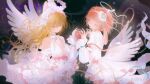  2girls angel_wings apple bare_shoulders blonde_hair blue_eyes closed_eyes dress food frilled_dress frills fruit gown highres long_hair multiple_girls original pink_hair pink_ribbon ribbon short_hair weibo_1787036763 white_dress wings 