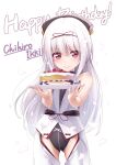  1girl bare_shoulders birthday_cake black_headwear blush cake chobipero dress falling_petals food hair_ribbon happy_birthday holding holding_plate ikki_chihiro kannagiri_nagamitsu_(tenka_hyakken) leotard long_hair petals plate purple_eyes ribbon smile tenka_hyakken toy_sword voice_actor white_dress white_hair 