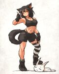  1girl abs animal_ears black_hair fingerless_gloves foot_on_head gloves highres ironlily looking_at_viewer muscular muscular_female orange_eyes original short_hair simple_background solo tail tank_top thighhighs thumbs_up toned 