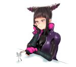  1girl black_hair breasts commentary cone_hair_bun double_bun eye_(mememem) fingerless_gloves gloves hair_bun hair_ornament han_juri head_rest impossible_clothes large_breasts pink_nails purple_eyes sidelocks smile solo street_fighter street_fighter_v upper_body 