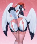  absurd_res anthro artamid australian_magpie avian bent_over bird black_body black_feathers clothing cracticinae cynthia_(ripper253) dipstick_beak feathers female hi_res jessicanyuchi legwear lingerie looking_back oscine panties passerine solo stockings underwear white_body white_feathers 