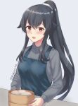  1girl apron black_hair blue_apron breasts grey_sweater highres kantai_collection long_hair long_sleeves medium_breasts official_alternate_costume ponytail red_eyes scrunchie shidas0459 sidelocks solo sweater upper_body very_long_hair yahagi_(kancolle) 