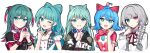  +_+ 25-ji_night_code_de._(project_sekai) 5girls ;d animal_ears aqua_hair aqua_nails bangs black_jacket black_outline blue_hair blunt_bangs bow bowtie bracelet braid buttons cat_ears checkered_clothes checkered_vest chest_harness closed_mouth clothes_writing clothing_cutout collared_shirt colored_tips cropped_torso detached_collar dot_nose drawstring earrings epaulettes expressionless fang finger_to_cheek fingernails gradient_hair green_hair grey_hair grin hair_between_eyes hair_horns hair_ornament hair_ribbon hair_scrunchie half_updo hands_up harness hatsune_miku heterochromia highres hood hood_down hoop_earrings index_finger_raised index_fingers_together jacket jewelry leo/need_(project_sekai) light_blush lineup long_hair long_sleeves looking_at_viewer low_twin_braids medium_hair more_more_jump!_(project_sekai) multicolored_hair multiple_girls multiple_persona neck_ribbon one_eye_closed outline own_hands_together paperclip_hair_ornament parted_lips partially_unzipped pink_hair pink_ribbon pink_scrunchie plaid pom_pom_(clothes) pom_pom_hair_ornament project_sekai red_bow red_bowtie red_ribbon ribbon scrunchie shirt short_sleeves shy sidelocks silver_trim simple_background single_wrist_cuff smile splatter_print star_cutout streaked_hair studded_bracelet twin_braids two-tone_hair two_side_up upper_body very_long_hair vest vivid_bad_squad_(project_sekai) vocaloid waka_(wk4444) wavy_hair white_background white_ribbon wing_collar wonderlands_x_showtime_(project_sekai) wrist_cuffs zipper 