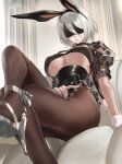  1girl absurdres animal_ears black_blindfold black_hairband black_nails blindfold breasts brown_pantyhose commentary corset fake_animal_ears frills hairband high_heels highres lace_trim large_breasts nier_(series) nier_automata pantyhose parted_lips rabbit_ears salmon88 short_hair shrug_(clothing) sitting solo thighs underboob white_hair yorha_no._2_type_b 