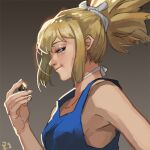  1girl bangs blonde_hair blue_eyes blue_tank_top breasts brown_background closed_mouth commentary dr._stone gradient_background high_ponytail holding kohaku_(dr._stone) looking_at_viewer medium_breasts profile short_hair signature smile solo tank_top upper_body zi_tsas 