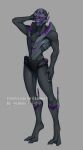  absurd_res alien blue_tongue bodypaint clothed clothing face_paint female grey_body hand_on_head hi_res leafjuly looking_at_viewer mass_effect open_mouth purple_eyes solo standing teeth tongue turian underwear underwear_only 