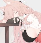  1girl animal_ear_fluff animal_ears arknights bangs breasts closed_eyes commentary grey_background hair_ornament hanging_breasts highres large_breasts long_hair pink_hair pozyomka_(arknights) risshu sideboob simple_background sleeping sleeping_upright solo symbol-only_commentary table upper_body wolf_ears wolf_girl zzz 