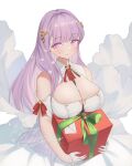  1girl azur_lane bare_shoulders box breasts christmas cleavage dress flower gift gift_box gloves hair_flower hair_ornament highres holding holding_gift large_breasts long_hair plymouth_(azur_lane) purple_eyes purple_hair red_ribbon ribbon white_dress white_flower white_gloves zzo_(chorizzzzo) 