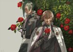  2boys bangs black_gloves black_jacket black_shirt blonde_hair bush closed_eyes closed_mouth commentary_request cowboy_shot dated_commentary flower gloves green_hair grey_background hair_over_one_eye higekiri_(touken_ranbu) hizamaru_(touken_ranbu) holding holding_flower jacket jacket_on_shoulders long_sleeves looking_at_viewer male_focus military military_uniform multiple_boys open_mouth red_flower shirt short_hair touken_ranbu uniform white_jacket white_shirt yellow_eyes zi_tsas 