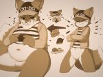  anthro belly bottomless burger canid canine clothed clothing eating featureless_crotch food fox fupa male mammal moobs navel nikomi1080 overweight shirt solo tank_top topwear weight_gain 
